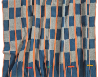 Vintage African Baule Cloth, Indigo Cote d&#39;Ivoire Textile, Boho Blue Tie Dye Throw, Stripe Tribal Cotton Shawl