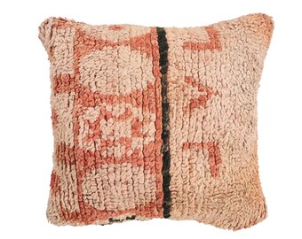 Vintage Moroccan Carpet Cushion, Berber Rug Pillow, Tribal Geometric Faded Orange Pink Lumbar