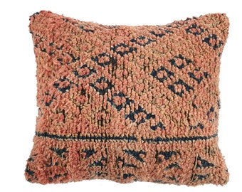 Vintage Moroccan Carpet Cushion, Berber Rug Pillow, Boho Geometric Orange Lumbar,