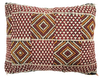 Vintage Moroccan Red Kilim Cushion, Boho Woven Geometric Pillow