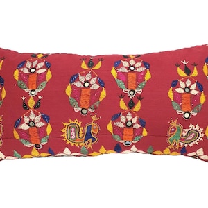 Vintage Red Indian Embroidered Cushion, Kutch Wedding Skirt Pillow, Ethnic Home Decor, Maximalist Interior image 1