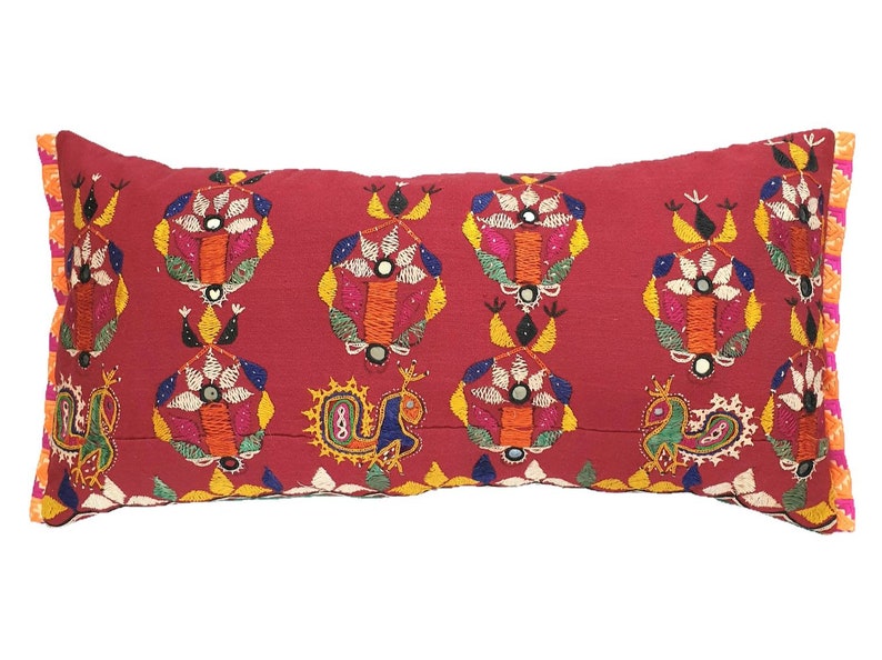 Vintage Red Indian Embroidered Cushion, Kutch Wedding Skirt Pillow, Ethnic Home Decor, Maximalist Interior image 1