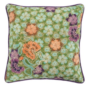 Vintage Indonesian Green Floral Batik Cushion, Javanese Handmade Pillow, Boho Home Decor