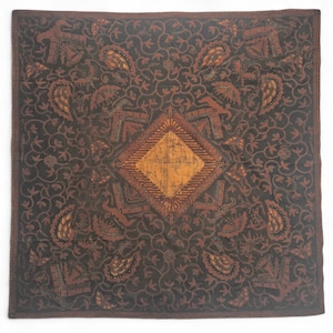 May include: A square textile with a dark brown backdrop, adorned with detailed patterns in brown and orange hues. The design incorporates floral and geometric elements, with a central diamond shape. The edges are framed with a darker brown border.