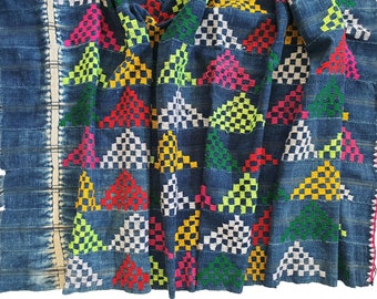 Vintage African Mali Indigo Textile, Dogon Embroidered Wedding Wrapper Cloth