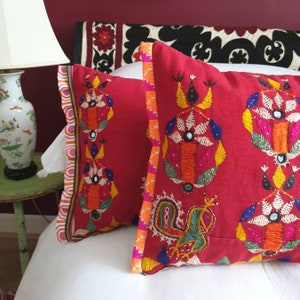 Vintage Red Indian Embroidered Cushion, Kutch Wedding Skirt Pillow, Ethnic Home Decor, Maximalist Interior image 3