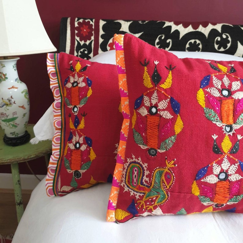 Vintage Red Indian Embroidered Cushion, Kutch Wedding Skirt Pillow, Ethnic Home Decor, Maximalist Interior image 3