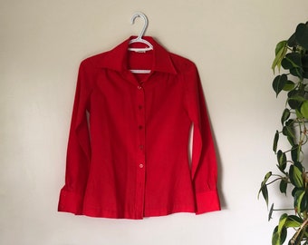 1970’s Vintage, Red, Long Sleeve, Button Up Blouse