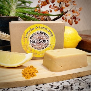 Lavender & Lemongrass w/ Turmeric Bar Soap | Palm Oil Free - Vegan - Kraft Box - Compostable Label - Natural Ingredients -  Essential Oil