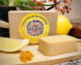 Lavender & Lemongrass w/ Turmeric Bar Soap | Palm Oil Free - Vegan - Kraft Box - Compostable Label - Natural Ingredients -  Essential Oil