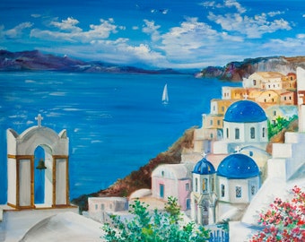 Santorin Grèce Paysage original Peinture à l’huile Paysage marin Île grecque Art Blue Sea Wall Art 16&#39;-24&#39; par AnjiHarmonyArt