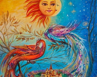 Original Birds Oil Painting on Canvas: Colorful Fantasy Art (12"-16")