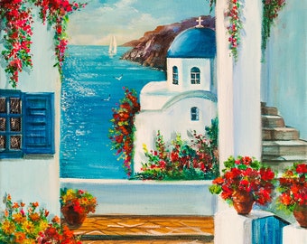 Grèce Paysage original Peinture à l’huile Paysage marin Île grecque Art Santorin Blue Sea Wall Art 10&#39;-14&#39; par AnjiHarmonyArt