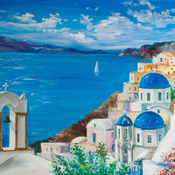Santorini Greece Original Landscape Oil Painting  Seascape  Greek Island  Art  Blue Sea Wall Art 16'-24' by AnjiHarmonyArt