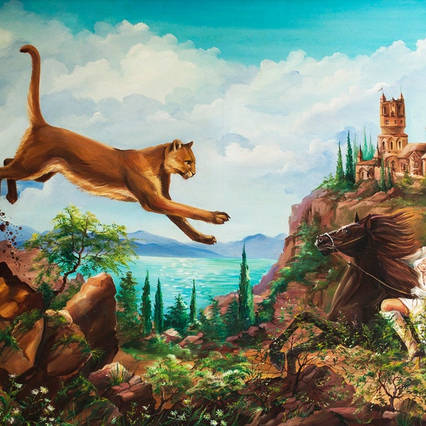 Cougar en amazone Fantasy Wall Decor Race Horse Wildlife Groot schilderij 36"- 47" door AnjiHarmonyArt