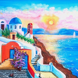 Santorini  Landscape Original Oil Painting Greek Island Art on Canvas  Blue Sea Wall Art 12-16&#39; by AnjiHarmonyArt