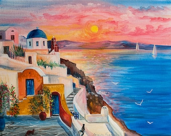 Art mural original Grèce Santorin Grèce bord de mer, peinture sur toile, cadeau de voyage