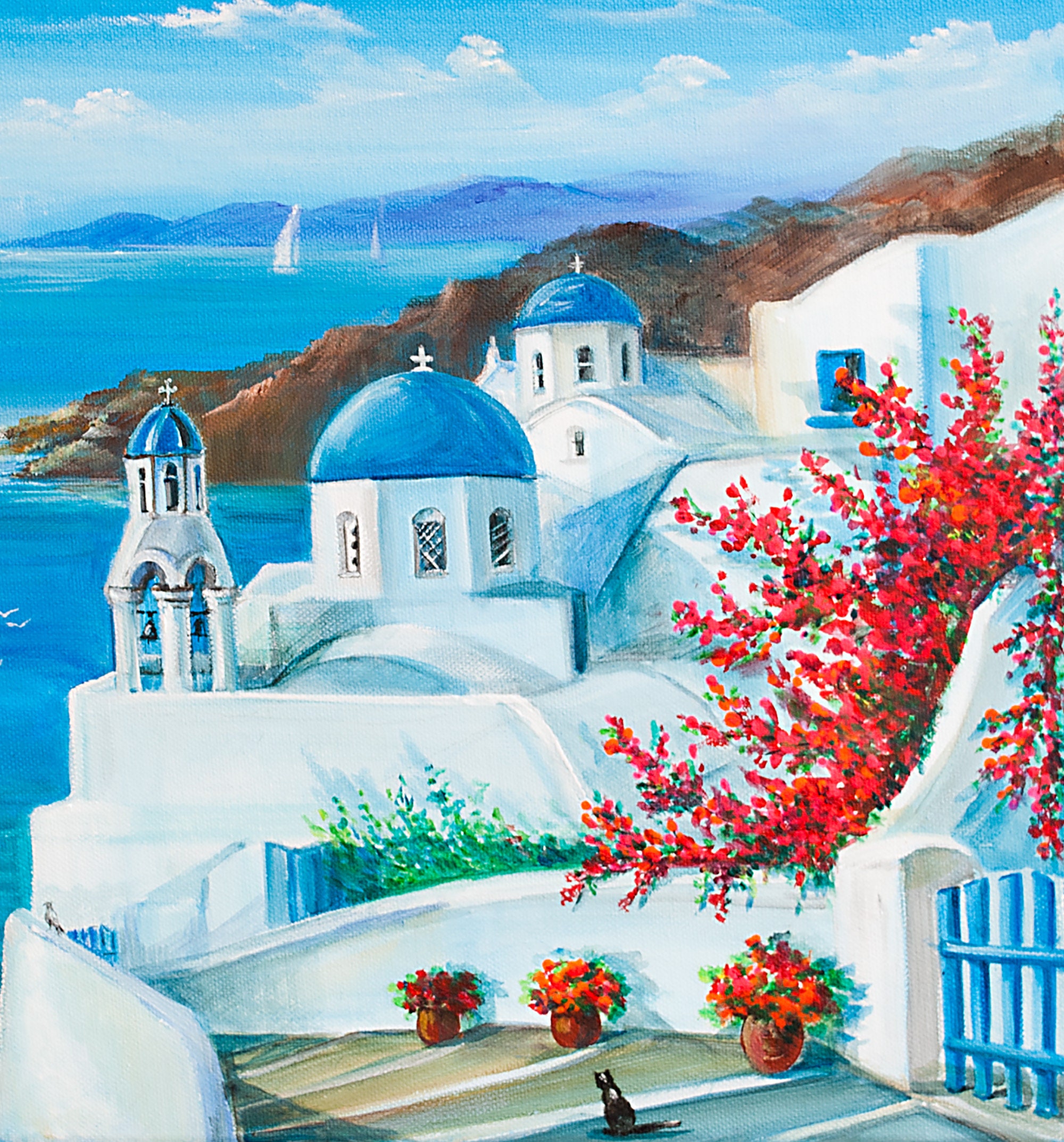 ギリシャの壁画アート 海景油絵 白い教会アート ギリシャの風景