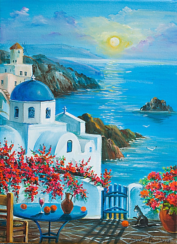 ガエーゴス　サントリーニ　絵画　アート ホワイト チャーチ アート ギリシャ正教 油絵 ギフト