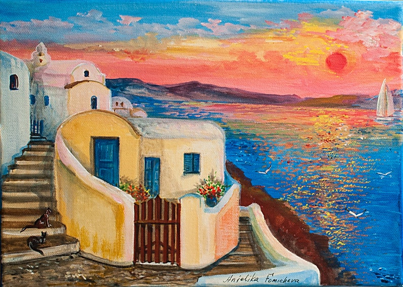 Santorini Landscape Sunset Oil Painting Greek Island on | Etsy