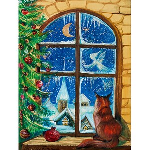 Paysage d’hiver Mixed Media Peinture Ange Gardien Art saisonnier Scène de neige Cadeau pour un enfant Conte de fées Art 7'-9,5' par AnjiHarmonyArt