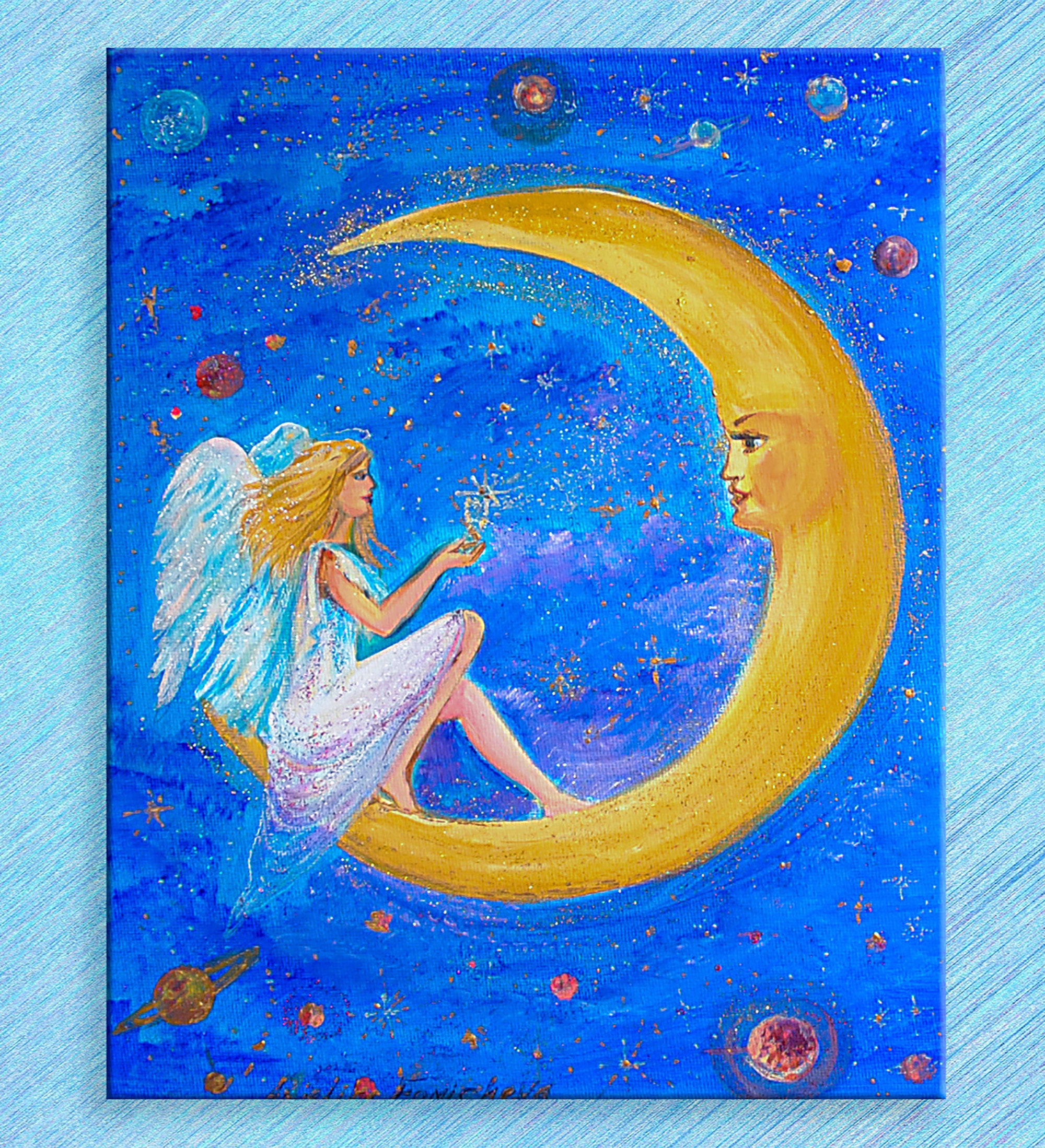 絵画。原画【A bear angel holds the moon】 Angel on the Moon Wall Art Winter Colours Crescent Moon Art