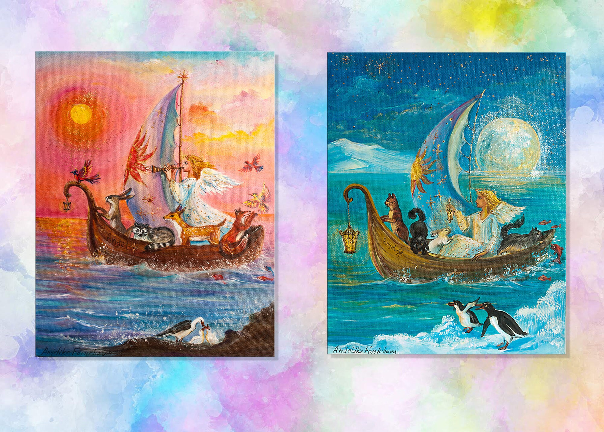 天使の絵画：ノアの箱舟の動物たち、気まぐれな保育園アート（10x12