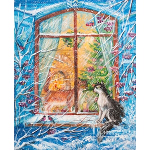 Peinture de chats drôles, peinture pour fenêtre de Noël, cadeau d'hiver pour chat fantastique, peinture de 7 pi sur 10 pi