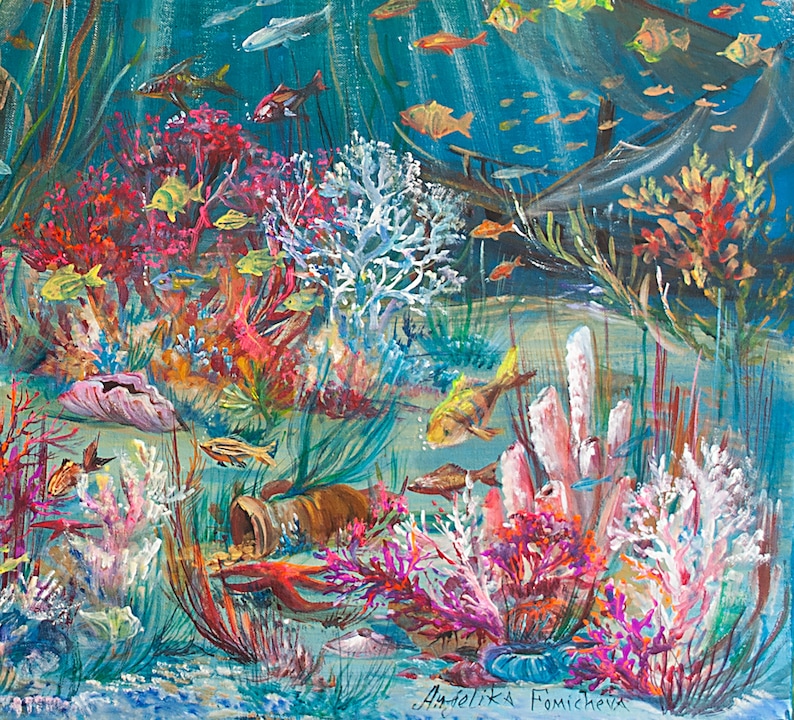 Sea Bottom Painting on Canvas Colorful Fisch Art Coral Under the Sea