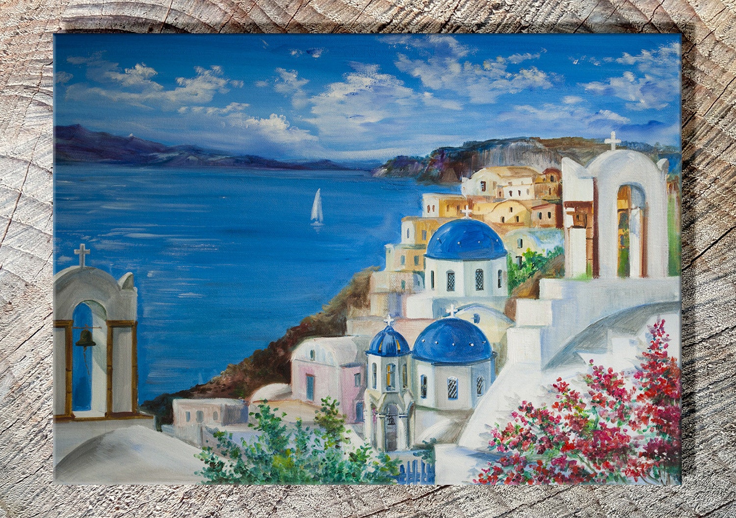 サントリーニ島ギリシャ絵画：オリジナルの海景油絵、青い海の壁アート