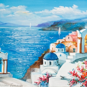 Santorini  Landscape Original Oil Painting Greek Island Art on Canvas  Blue Sea Wall Art 14'-18' by AnjiHarmonyArt