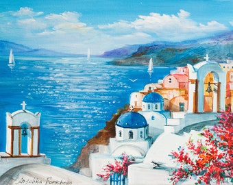 Paysage de Santorin, peinture à l&#39;huile originale, art de l&#39;île grecque sur toile, art mural bleu mer, 14 à 18 pouces par AnjiHarmonyArt