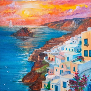 Santorini Dream: Hand-painted Greece Landscape Art, Original Wall Art by AnjiHarmonyArt 12&#39;&#39;x16&#39;&#39;&quot;