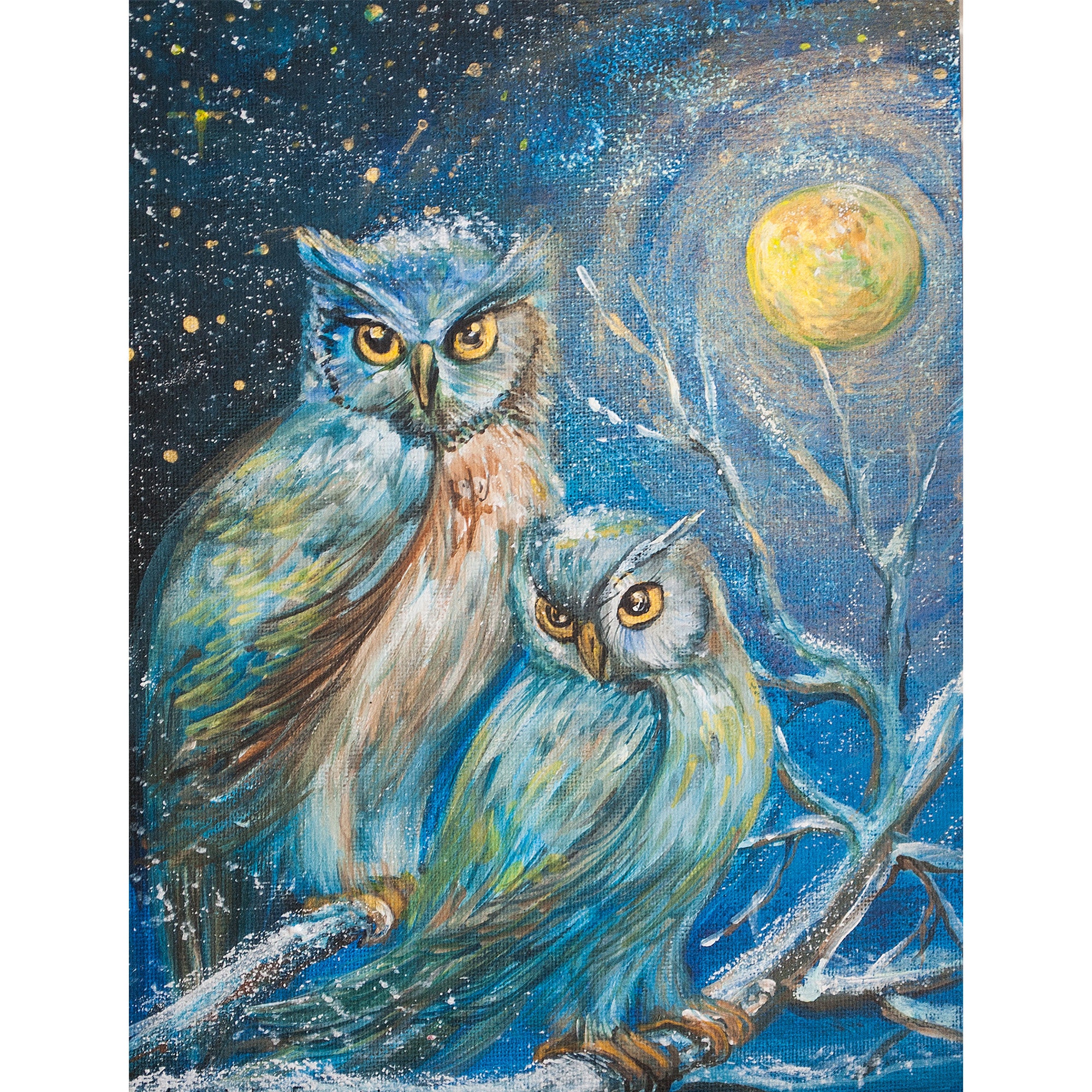 Owl Couple Original Oil Painting Owl Wall Art Wodland Animals Owl Nursery Decor 7' by 10'