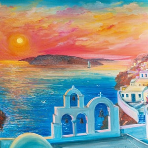 Santorini  Landscape Original Oil Painting Greek Island Art on Canvas  Blue Sea Wall Art24-32&#39; by AnjiHarmonyArt