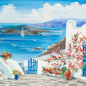 Seascape Oil Painting Greek Island Oil Painting Santorini Island Art  Seascape on Canvas Original Oil Painting Blue Sea Wall Art Landscape