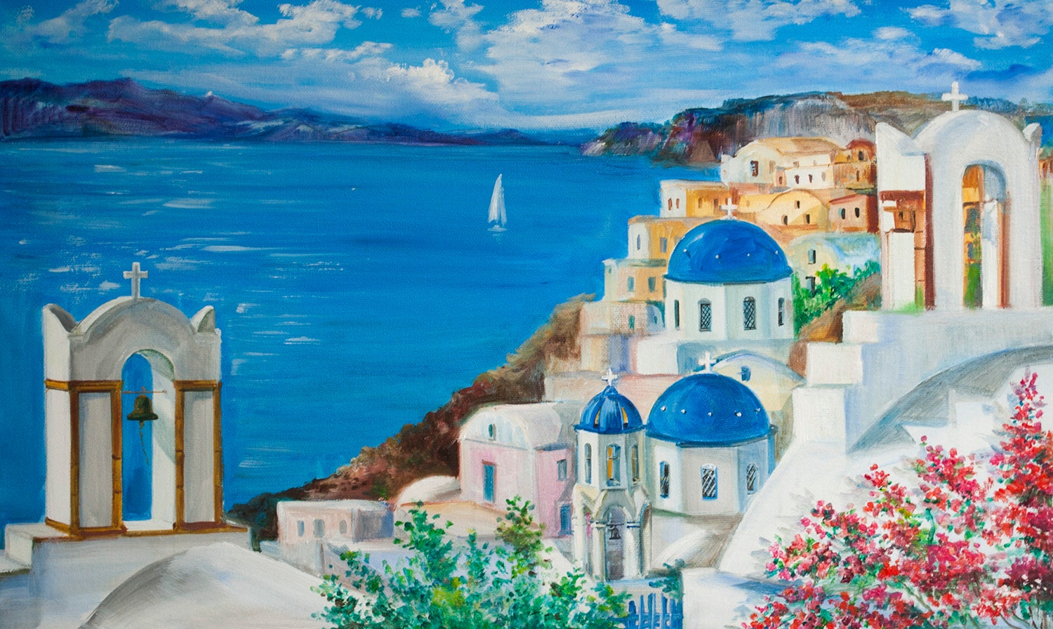 サントリーニ島ギリシャ絵画：オリジナルの海景油絵、青い海の壁アート