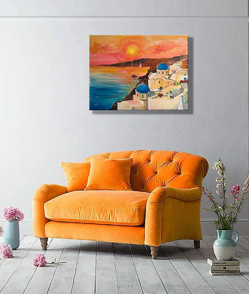 Santorini Landscape Sunset Painting Greek Island Canvas - Etsy