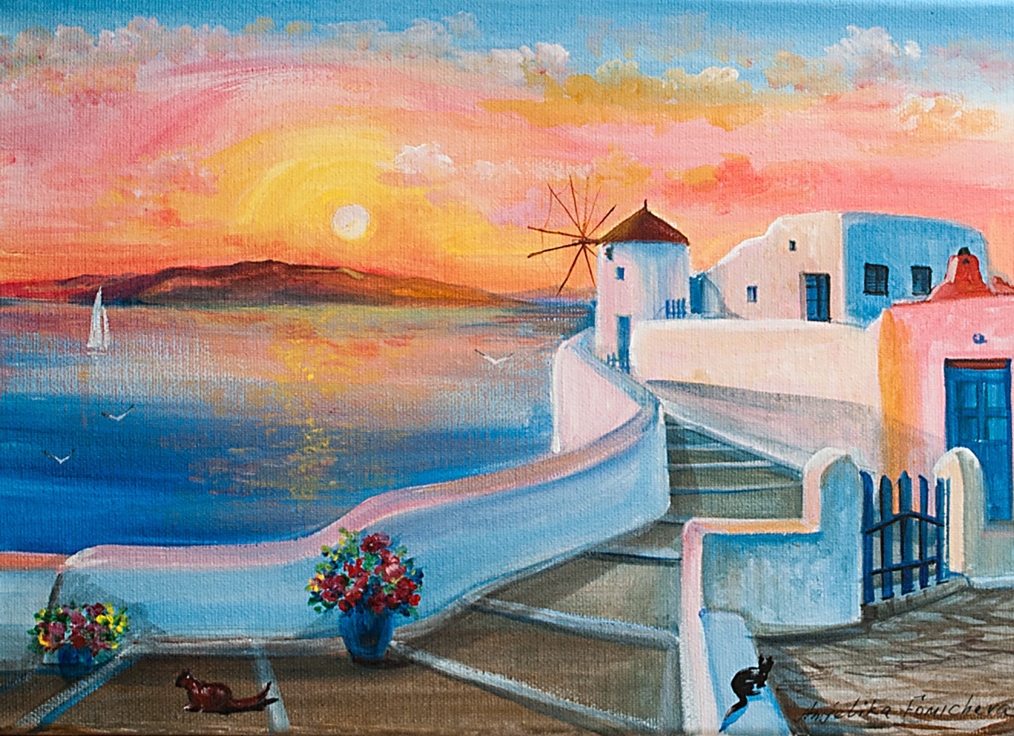 手書き油絵 サントリーニの風景 額付 肉筆絵画 インテリア 油彩画 手書き油絵 サントリーニの風景 絵画 額付き インテリア 油彩画