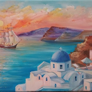 Santorini  Landscape Sunset Oil Painting Greek Island  on Canvas Original Oil Painting Blue Sea Wall Art