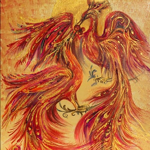 Aves del Paraíso Arte Fantasía Original Lienzo Tablero Mixto Pintura Pintura Golden Bird Wall Art Phoenix Art 10'-14'