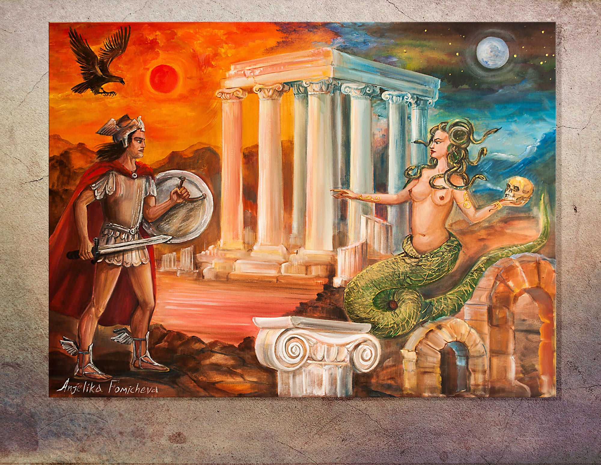 3d render artwork illustration of greek mythological warrior Perseus  defeating monster goddess Medusa Gorgon in ancient greek temple with sword  and golden shield. Illustration Stock