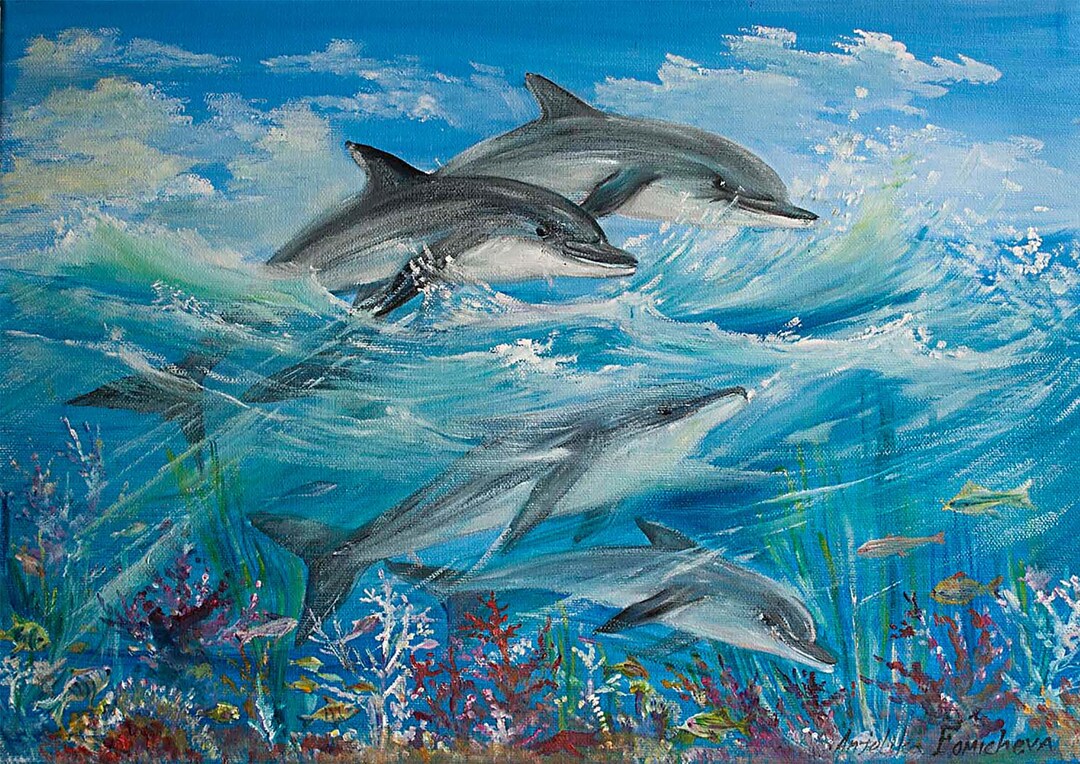 Dolphin Oil Painting Sea Life Wall Art Sea Animal Painting on Etsy