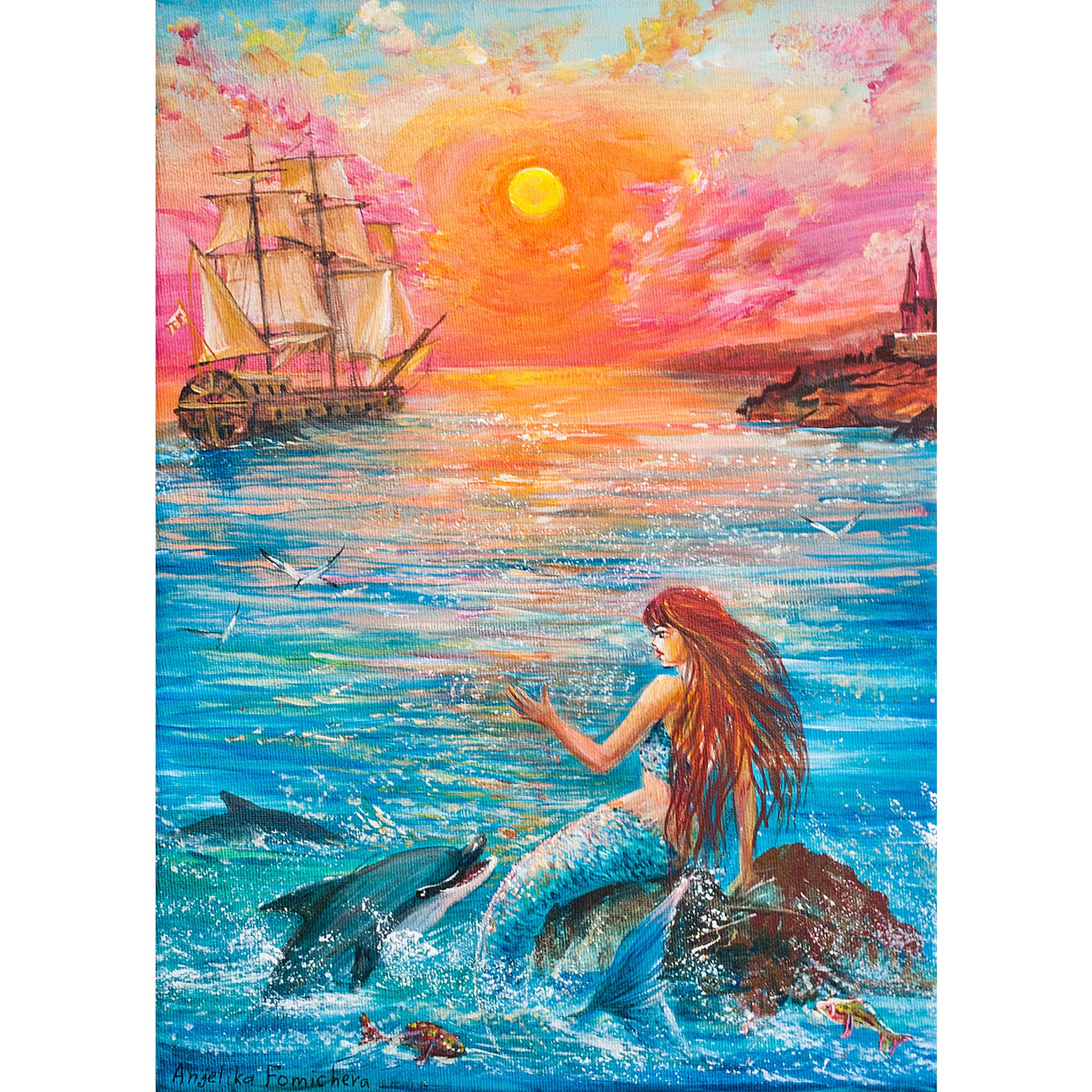 Mermaid & Dolphin Oil Painting: Sunset Seascape Art (10x14) - Etsy