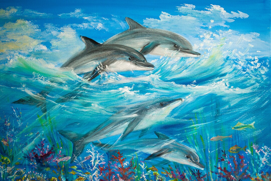 Dolphin Family Oil Painting: Seascape Wall Art (10"-14") - Etsy