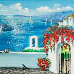 Santorini Oil Painting Greek Island Painting  on Canvas Santorini Island Art    Original Oil Painting Blue Sea Wall Art Landscape Artwork