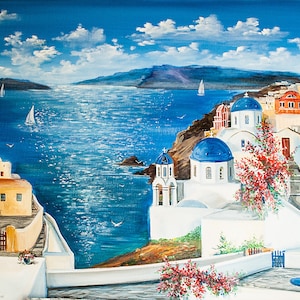 Santorini Greece Original Landscape Canvas Art  Seascape  Painting Greek Island Art   Blue Sea Colorful Wall Art 16'-24' by AnjiHarmonyArt