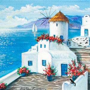 Greece Oil Painting Original Art on Canvas Santorini Wall Art Travel Gift Painting 10'x14' by AnjiHarmonyArt
