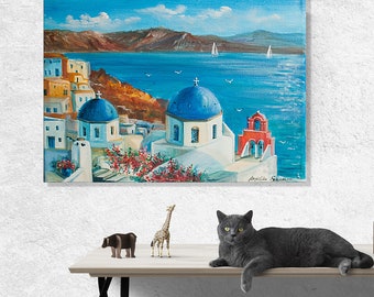 サントリーニ島の海景油絵：ギリシャの島の芸術、青い海（14-18分