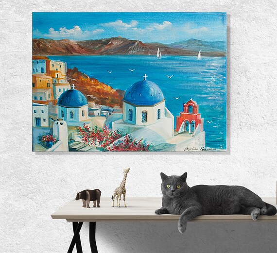 海景油絵 ギリシャの島の絵画 サントリーニ島のアート ギリシャ 海景油絵 ギリシャの島の絵画 サントリーニ島のアート ギリシャ